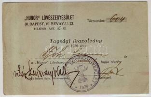 1930 A Hunor Lövészegyesület tagsági igazolványa