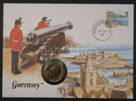 Guernsey 1987. 5p II. Erzsébet bélyeges érmés borítékon, ismertetővel T:1 Guernsey 1987. 5 Pence "Elisabeth II" coin letter with stamp and description C:Unc