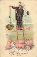 New Year, chimney sweeper, pigs litho