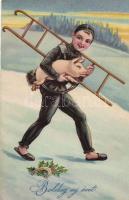 New Year, chimney sweeper, pig litho