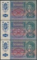 1915. 10K piros függőleges "Deutschösterreich" felülnyomással (3x) egymás utáni sorszámmal...