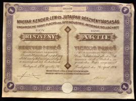 Budapest 1926. Magyar Kender,-Len-és Jutaipar Részvénytársaság részvénye 40P-ről szelvényekkel