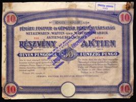 1935. "Fémáru-, Fegyver- és Gépgyár Részvénytársaság" részvénye 50P-ről, német és magyar nyelven, szelvényekkel, felülbélyegezve (sérült)