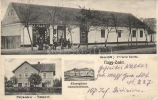 Nagyzsám railway station and the shop of J. Parsche (Rb)