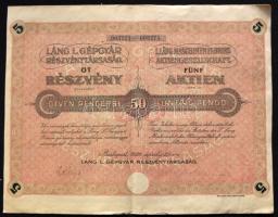 1926. Láng L. Gépgyár Részvénytársaság 5 részvénye 50P-ről szelvényekkel szárazpecséttel