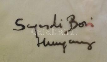 Segesdi Bori által készített egyedi készítésű kézzel festett és aranyozott porcelán váza, a karimájá...