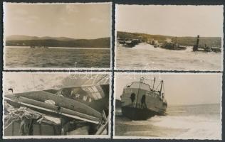 1940 A zátonyra futott "Duna" tengeri áruszállító gőzhajó roncsairól készült 4 db fotó. A hajó a Fekete Tengeren futott zátonyra Podima közlében. / 4 photos of the sea-steamer "Duna" snagged on the Black Sea near Podima. 14x8 cm
