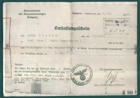 1941 Újverbászi születésű férfi szabadulólevele az auswitzi koncentrációs táborból 14 hónapnyi fogsá...