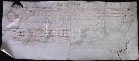 1797 VI. Pius pápa levele melyben a pápa egy korábban leégett templom újjászenteléséréhez adja áldását. A levélen a közzétevő egri püspök gróf Esterházy Károly saját kezű aláírásával és sérült viaszpecsétjével. (2 helyen szakadás) / Papal letter from Pius VI. for a consecration of a church, announced and signed by the by the bishop of Eger Karoly Eszterhazy. (two tears) 40x18 cm
