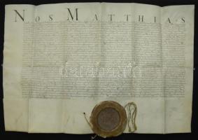 1609 Oklevél vitás ügyben ítélt birtok (Korpona város) adományozásáról kevendi és ormosdi Székely Frigyes részére II. Mátyás császár és Nagymihályi Ferenc saját kezű aláírásával és az első Szent  Koronával díszített címeres függő viaszpecséttel. Pergamen. Kiadva: 1609.02.08 Bécsben. / Royal awarding warrant over the debated city of Krapina to the Friedrich kewend de Zekell with autograph signature of Emperor Matthias II. and wax seal depicting the Hungarian Holy Crown. Pergamin in nice condition 60x60 cm