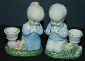 Kézzel festett jelzés nélküli gyermekeket ábrázoló porcelán gyertyatartó pár / Handpainted chinaware candlestick pair 8cm