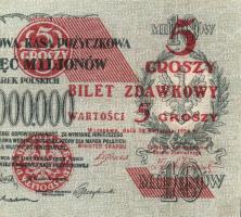 Lengyelország /Pénzügyminisztériumi kiadás 1924. 5Gr felülnyomás kettévágott 10.000.000Zl bankjegy jobb felén T:III Poland/Ministry of Finance 1924. 5 Groszy red overprint with new denomination and coin on bisected note,right half C:F