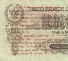 Lengyelország /Pénzügyminisztériumi kiadás 1924. 5Gr felülnyomás kettévágott 10.000.000Zl bankjegy j...