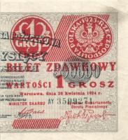 Lengyelország /Pénzügyminisztériumi kiadás 1924. 1Gr felülnyomás kettévágott 500.000Zl bankjegy jobb felén T:II Poland/Ministry of Finance 1924. 1 Grosz red overprint with newm denomination and coin on bisected note,right half C:XF