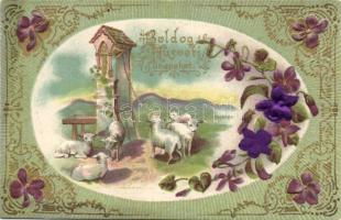 Easter, lambs Emb. litho silk card (EB)