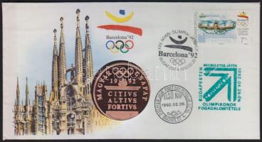1992 "Barcelona-magyar csapat" emlékérem bélyeges borítékon, elsőnapi bélyegzéssel T:PP Csak 10000db!
