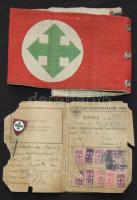 1942 Nyilaskeresztes Párt ujpesti szervezetének tagsági könyve tagsági bélyegekkel (sérült állapotban), hozzá zománc jelvény és kapcsos karszalag / Hungarian Arrow-cross party members booklet with stamps (in very poor condition), small enamel badge, cotton armband