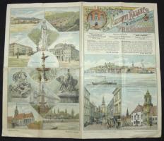 cca 1890 Pozsonyi Kalauz. Wltzek colorirter durch Führer Pressburg. [Színes, képes reklámkiadvány.] Egyedüli és kizárólagos elárusító Stampfel Károly. Prága, (Haase A. ny.) 8 l. A borító elõ- és hátlapján 14 kőnyomatú városképpel, középen a város kőnyomatú térképével. A 2-3. oldalon a fontosabb látnivalók rövid ismertetésével, a 6-7. oldalon 13 reklámmal. Magyar-német bilingvis. Hajtva, egy helyütt kopott. / Lithographic map and guide of Pressburg in Hungarian and German with pictures and description of the main sights and commercials. Folded, in one spot weary. 42x72 cm
