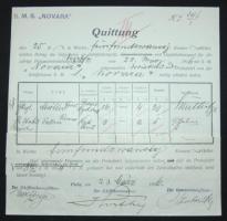 1916 Polai hadikikötői nyugta a Novara hadihajó által kifizetett összegről, a hajó pecsétjpével  és Horthy Miklós parancsnok saját kezű aláírásával / Receipt of the SMS. Novara for payment for the military shipyard Pola with original signature of ship-commander Miklos Horthy .