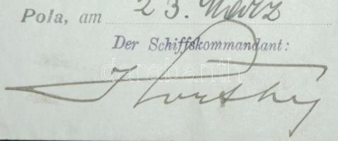 1916 Polai hadikikötői nyugta a Novara hadihajó által kifizetett összegről, a hajó pecsétjpével  és ...