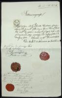 1855 Erkölcsi bizonyítvány Koffstein Samu pomázi rabbi és a pomázi hitközség más tagjainak saját kezű aláírásával és három különböző viaszpecsétjével és 15kr CM okmánybélyeggel / 1855 Certificate with autograph signature of the rabbi of Pomaz Three different wax seals and 15kr CM document stamp