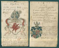 cca 1560 Sylvester Shaffmann friesachi nemesember emlékkönyvéből származó nyolc lap. Az emlékkönyvbe neves egyházi és világi személyek jegyeztek fel főként klasszikus idézeteket Vergiliustól, Horatiustól. A latin mellett héber nyelvű idézet is található az emlékkönyvben, (a 16. zsoltárból). Az idézetek mellett a beírók címereinek szép kivitelű rajzai díszitik a lapokat. / Pages from the memory-book of Sylvester Shaffmann, nobleman of Friesach. 8 pages with classical quotes from notable clerical and civil persons. The pages are also ornamented with beautiful hand-drawn images of the writer`s coat of arms. 12x19 cm