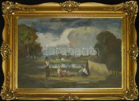 Iványi-Grünwald Béla (1867-1940): Megpihenők. Olaj, vászon, Jelzett. (Egy apró lyuk) / Béla Iványi-Grünwald: Rest. Oil, canvas. Signed. (one small hole) 80x60 cm