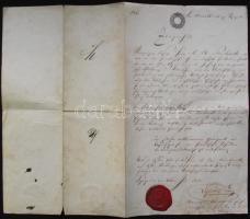 1854 Lőw Lipót szegedi rabbi, tudós, aláírása okmányon 15kr CM okmánybélyeggel és a hitközság viaszpecsétjével / Autograph signature of Leopold Löw on document with 15kr CM document stamp and wax seal