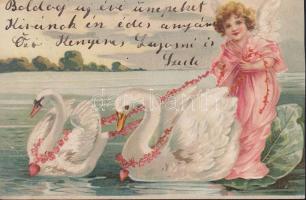 Girl swans Emb. litho (cut)