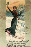 Christmas, skiing lady Emb. litho