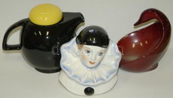 3 darabos porcelán tétel: Art Deco teáskanna sárga fedővel + Zsolnay jelzett javított tálka + Bohóc figura