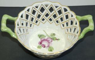 Kézzel festett aranyozott áttört jelzett Herendi porcelán kínáló kosár / Herendi handpainted chinaware basket 7x18x14cm