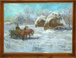 Kolozsváry Kamillo (1936-): Téli táj lovas szánnal, olaj-vászon, jelzett, üvegezett keretben 27x36cm
