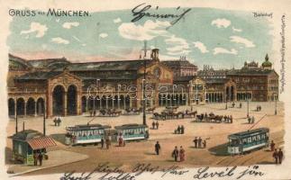 München railway station with trams, pearl decoration, litho