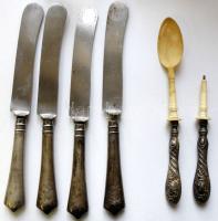4db ezüst (Ag) nyelű vajazókés (25cm) és 2db csont kanál fém nyéllel (az egyik feje hiányzik)