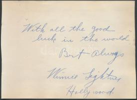 1929 Winnie Lightner amerikai színésznő aláírása lapon. / 1929  Autograph signature of Winnie Lightner on booklet-page 13x8 cm
