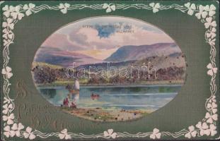 St Patrick Day, Killarney, pearl decoration, silk card, litho