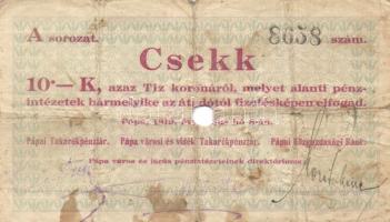 Pápa 1919. "Pápai csekk" 10K (2x) "A" és "C" sorozat + 20K (2x) "B" és "D" sorozat + 50K "E" sorozat,mind lyukasztással érvénytelenítve T:II-,III