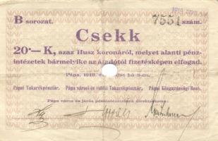 Pápa 1919. "Pápai csekk" 10K (2x) "A" és "C" sorozat + 20K (2x) "...