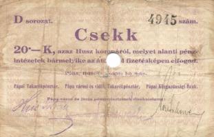 Pápa 1919. "Pápai csekk" 10K (2x) "A" és "C" sorozat + 20K (2x) "...