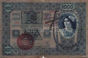 1902. 1000K (2x) egyik "Magyarország" piros körbélyegzéssel és mindkettő "IV. Sz. Városi Kerületi Parancsnokság Sopron" valószínűleg hamis bélyegzővel T:II,III-