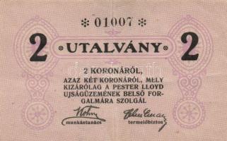 ~1924. "Pester Lloyd" utalvány 1K bélyegző nélkül, 2K (3x) hátlapon mindháromnál "A P...