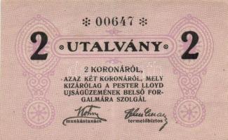 ~1924. "Pester Lloyd" utalvány 1K bélyegző nélkül, 2K (3x) hátlapon mindháromnál "A P...