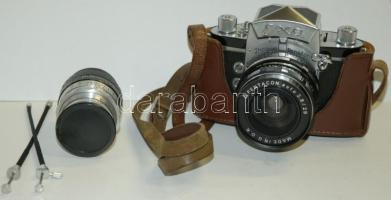 Exa típusú régi fényképezőgép objektívvel, 2db távkioldóval + szovjet fénymérő szerkezet (egy darab 29 mm-es nagylátószövű objektív, egy darab 50 mm-es normál objektív és egy darab fókusztávolságot kétszerező adapter.)