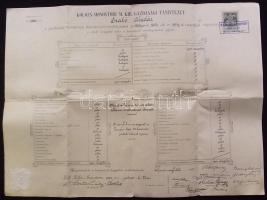 1902 Kolozs-monostori M. Kir. Gazdasági Tanintézet végbizonyítványa illetékbélyeggel és aláírásokkal