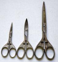 XX. sz. eleje: Sollingeni, kereszttel díszített ollók. 3db  / 3 Scissors ornamented with cross made of Sollingen steel 15cm, 12 cm, 12 cm
