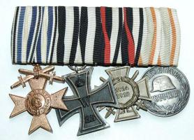 Német-Magyar katonai szalagsáv függesztett I. Világháborús vaskereszt 2. osztálya + Magyar Háborús Emlékérem kardokkal és sisakkal + Frontharcosi Becsület Kereszt + Bajor Vitézségi (Merenti) Kereszt 3. osztálya kardokkal kitüntetések hozzávaló adományozói okiratokkal, aláírásokkal! T:vegyes German-Hungarian military decorations on original medal bar with Cross of Honour of the World War for Combatants + Prussian Iron Cross II. class + Commemorative Medal for World War I for combatants + Bavaria-Military Merit Cross, III class with Swords, on combatants ribbon. Each with signed awarding documents C:VF,mixed