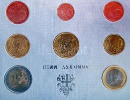 Vatikán 2003. 1c,2c,5c,10c,20c,50c,1€,2€ emlék Euro szett "II.János Pál 25 éve pápa" ezüst színű díszcsomagolásban T:BU R! Vatican City 2003. 1 cent,2 cent,5 cent,10 cent,20 cent,50 cent,1 Euro,2 Euro commemoratice coin set in original folder "25th anniversary of the pontificate of John Paul II" C:BU Rare! Krause MS109 / 341-348