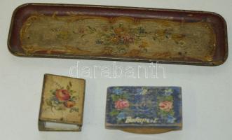 Festett fa írószertartó, tapper és gyufásdoboz tartó