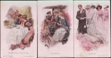 1912 Harrison Fisher - The Wedding / Az esküvő - 3 db régi képeslap